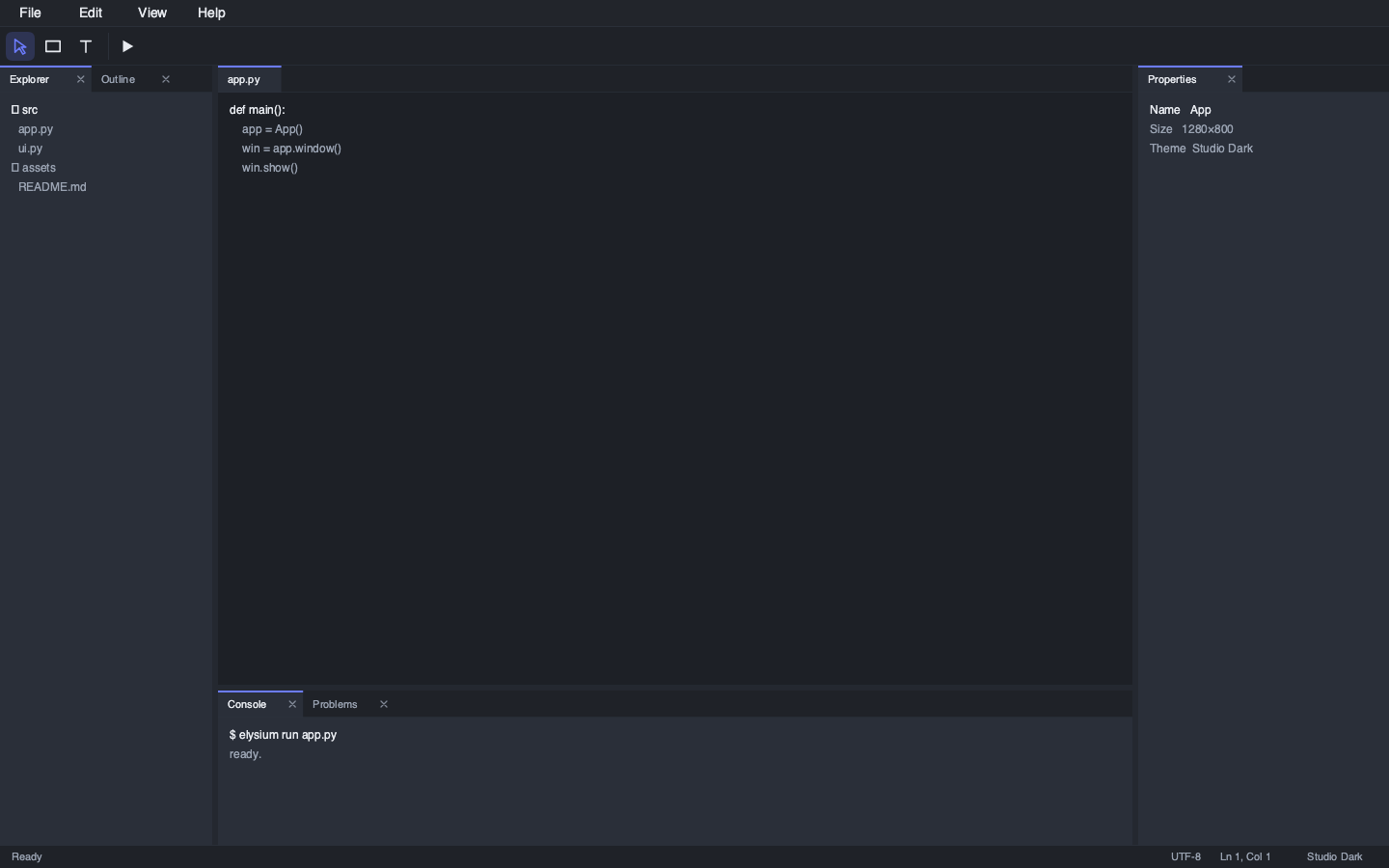 Docking IDE demo built with Elysium's app-shell widgets