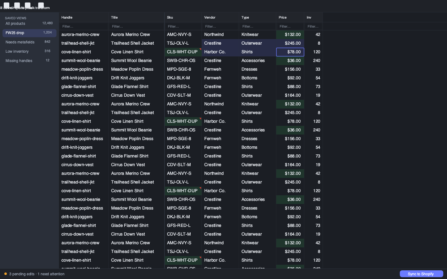 VariantProof bulk editor built with Elysium: frozen columns, pending edits, validation badges